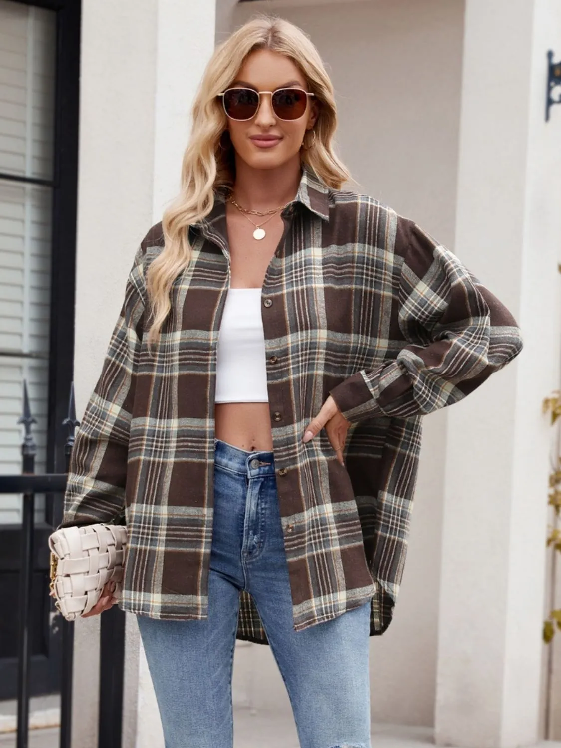 Calista Pocketed Plaid Collared Neck Long Sleeve Shirt