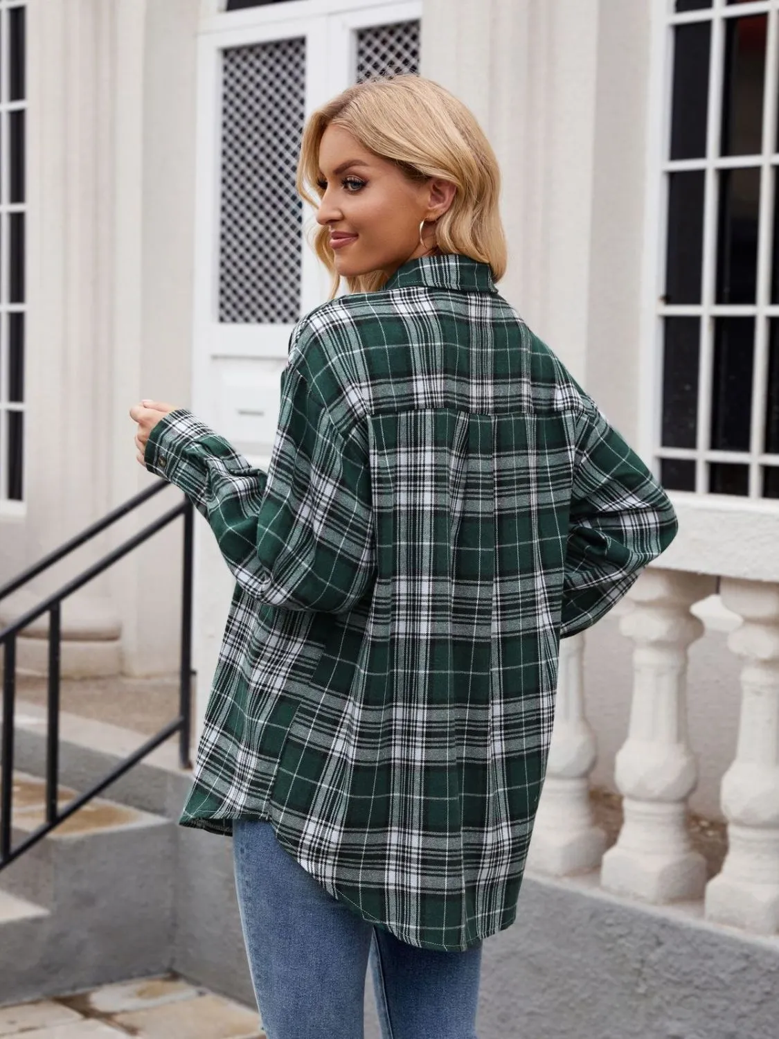 Calista Pocketed Plaid Collared Neck Long Sleeve Shirt