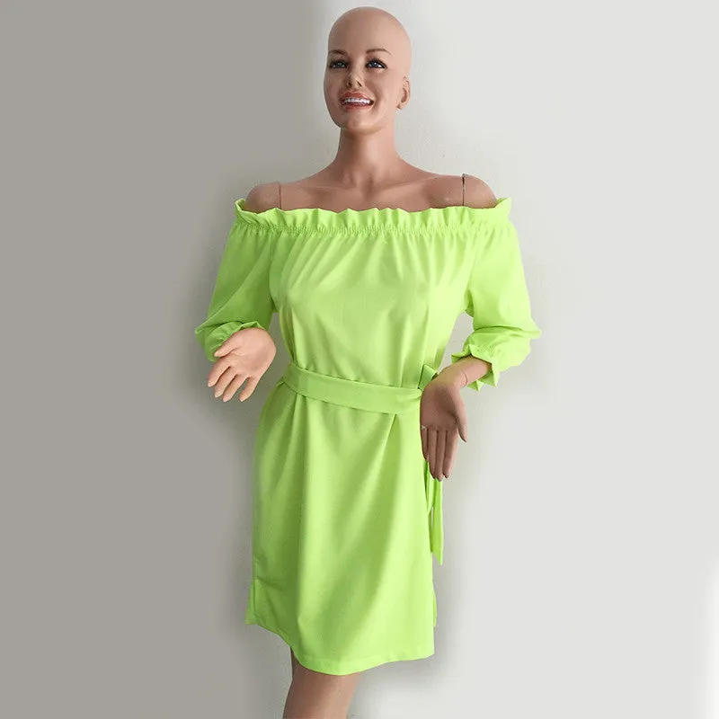 Candy Color Women Autumn Dress Big Size Sundress Ruffles Slash Neck Beach Party Dresses
