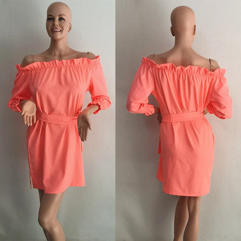 Candy Color Women Autumn Dress Big Size Sundress Ruffles Slash Neck Beach Party Dresses