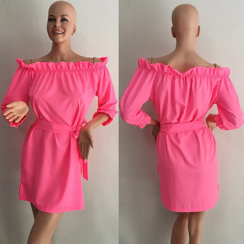 Candy Color Women Autumn Dress Big Size Sundress Ruffles Slash Neck Beach Party Dresses