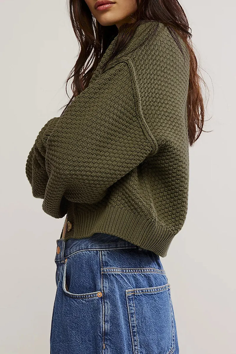Casual Daily Solid Color Buttons Weave O Neck Outerwear(5 Colors)
