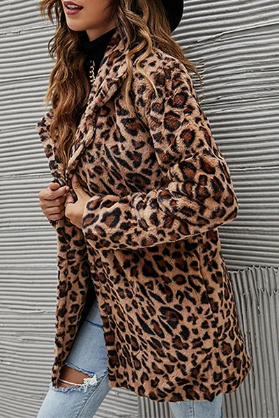 Casual Leopard Patchwork Pocket Turndown Collar Outerwear