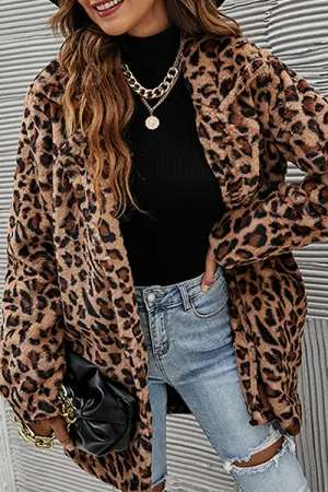 Casual Leopard Patchwork Pocket Turndown Collar Outerwear