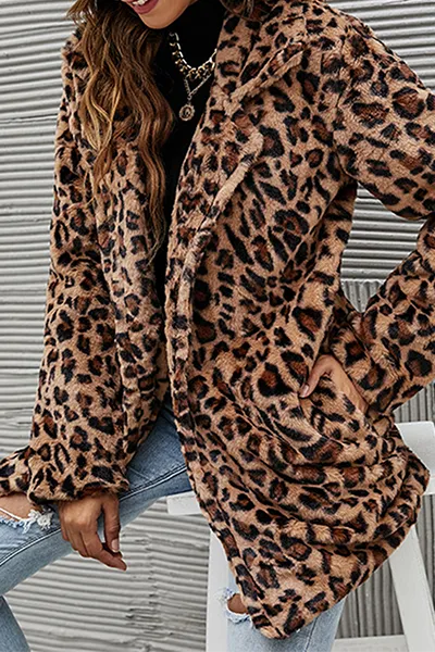 Casual Leopard Patchwork Pocket Turndown Collar Outerwear
