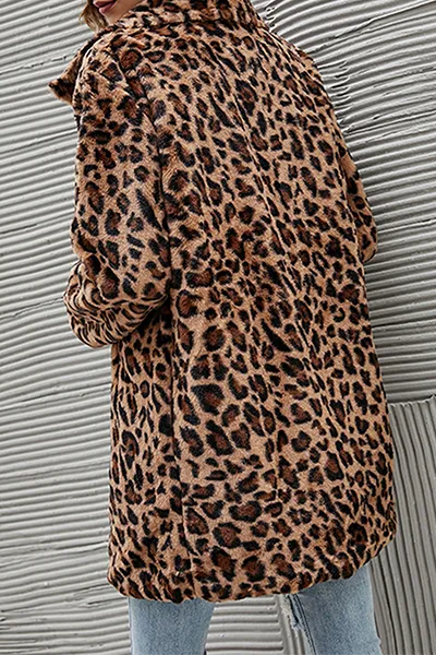 Casual Leopard Patchwork Pocket Turndown Collar Outerwear