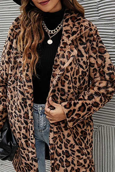 Casual Leopard Patchwork Pocket Turndown Collar Outerwear