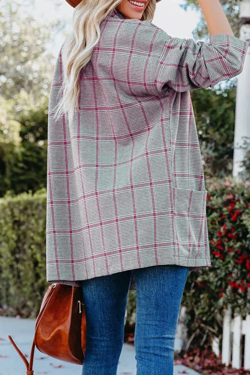Casual Plaidolorsd Patchwork Pocket V Neck Outerwear(4 Colors)