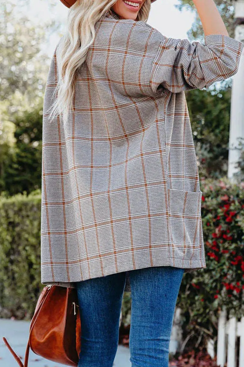 Casual Plaidolorsd Patchwork Pocket V Neck Outerwear(4 Colors)