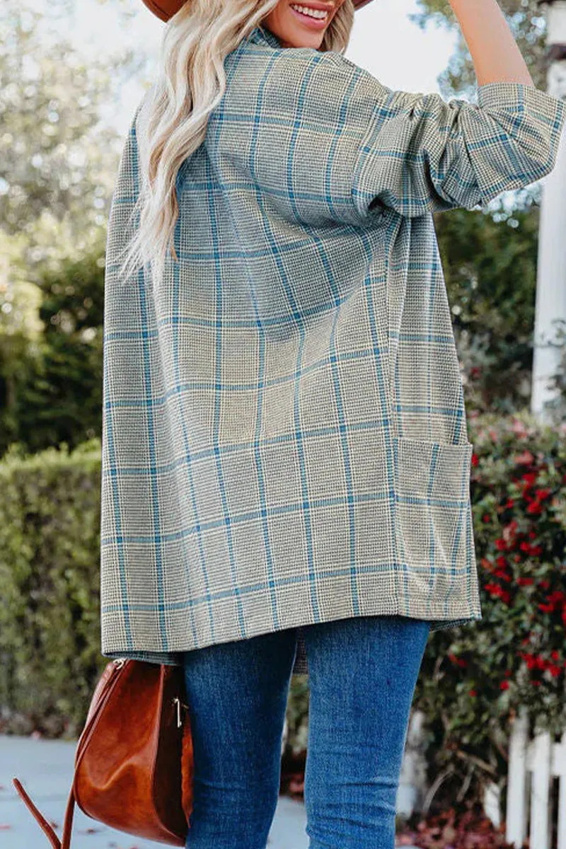 Casual Plaidolorsd Patchwork Pocket V Neck Outerwear(4 Colors)