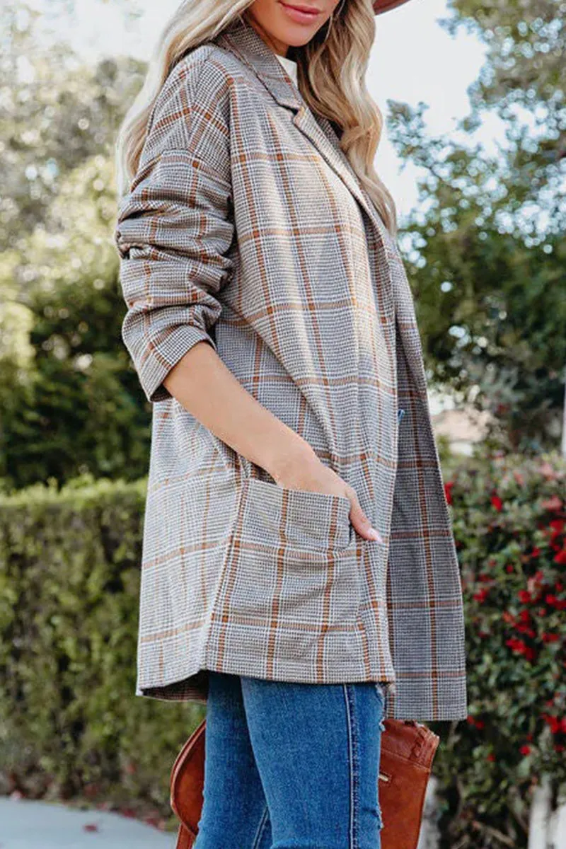 Casual Plaidolorsd Patchwork Pocket V Neck Outerwear(4 Colors)