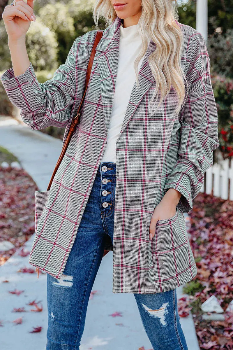 Casual Plaidolorsd Patchwork Pocket V Neck Outerwear(4 Colors)