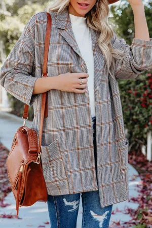 Casual Plaidolorsd Patchwork Pocket V Neck Outerwear(4 Colors)