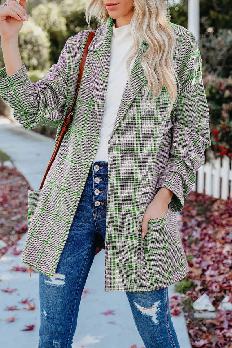 Casual Plaidolorsd Patchwork Pocket V Neck Outerwear(4 Colors)