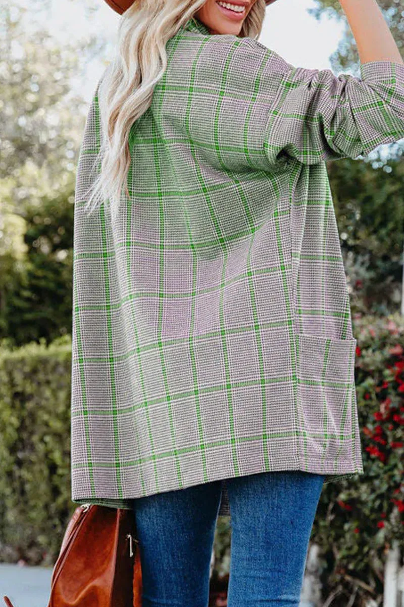 Casual Plaidolorsd Patchwork Pocket V Neck Outerwear(4 Colors)