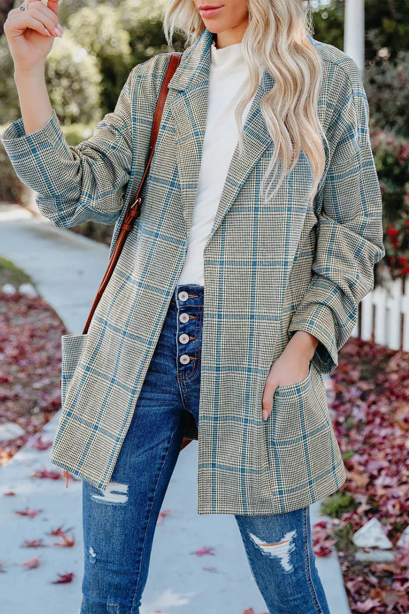 Casual Plaidolorsd Patchwork Pocket V Neck Outerwear(4 Colors)