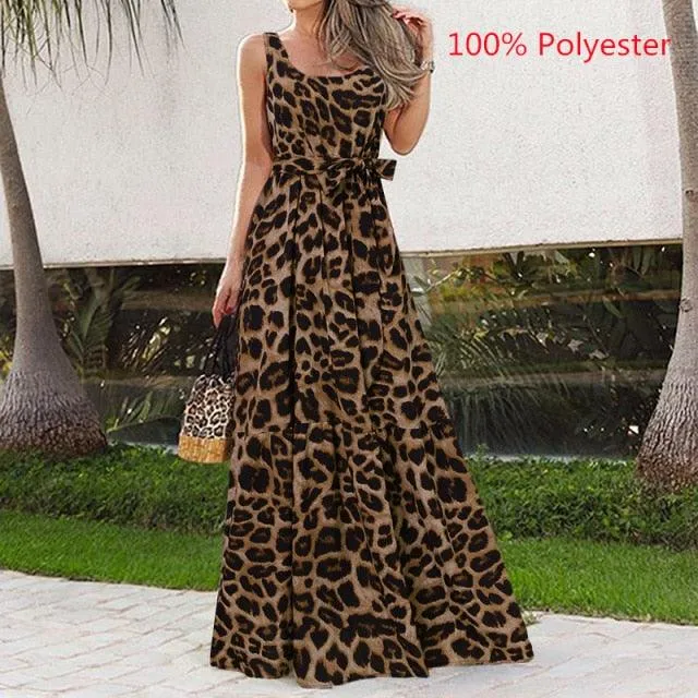 Celmia Vintage Leopard Print Sleeveless Pleated Ruffle Dress