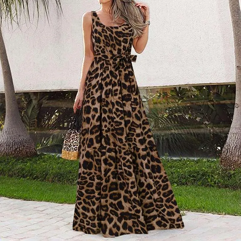 Celmia Vintage Leopard Print Sleeveless Pleated Ruffle Dress