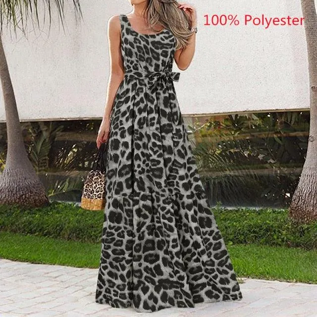 Celmia Vintage Leopard Print Sleeveless Pleated Ruffle Dress