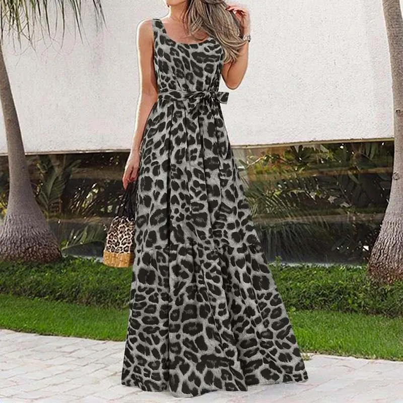 Celmia Vintage Leopard Print Sleeveless Pleated Ruffle Dress