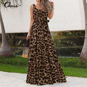 Celmia Vintage Leopard Print Sleeveless Pleated Ruffle Dress