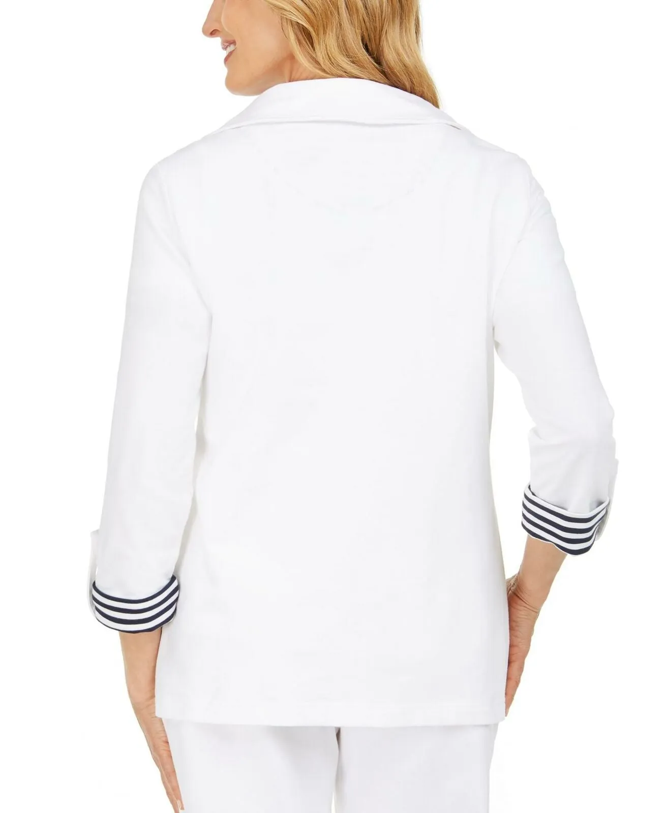 Charter Club Petite Wing Collar Striped Roll Cuff Knit Jacket