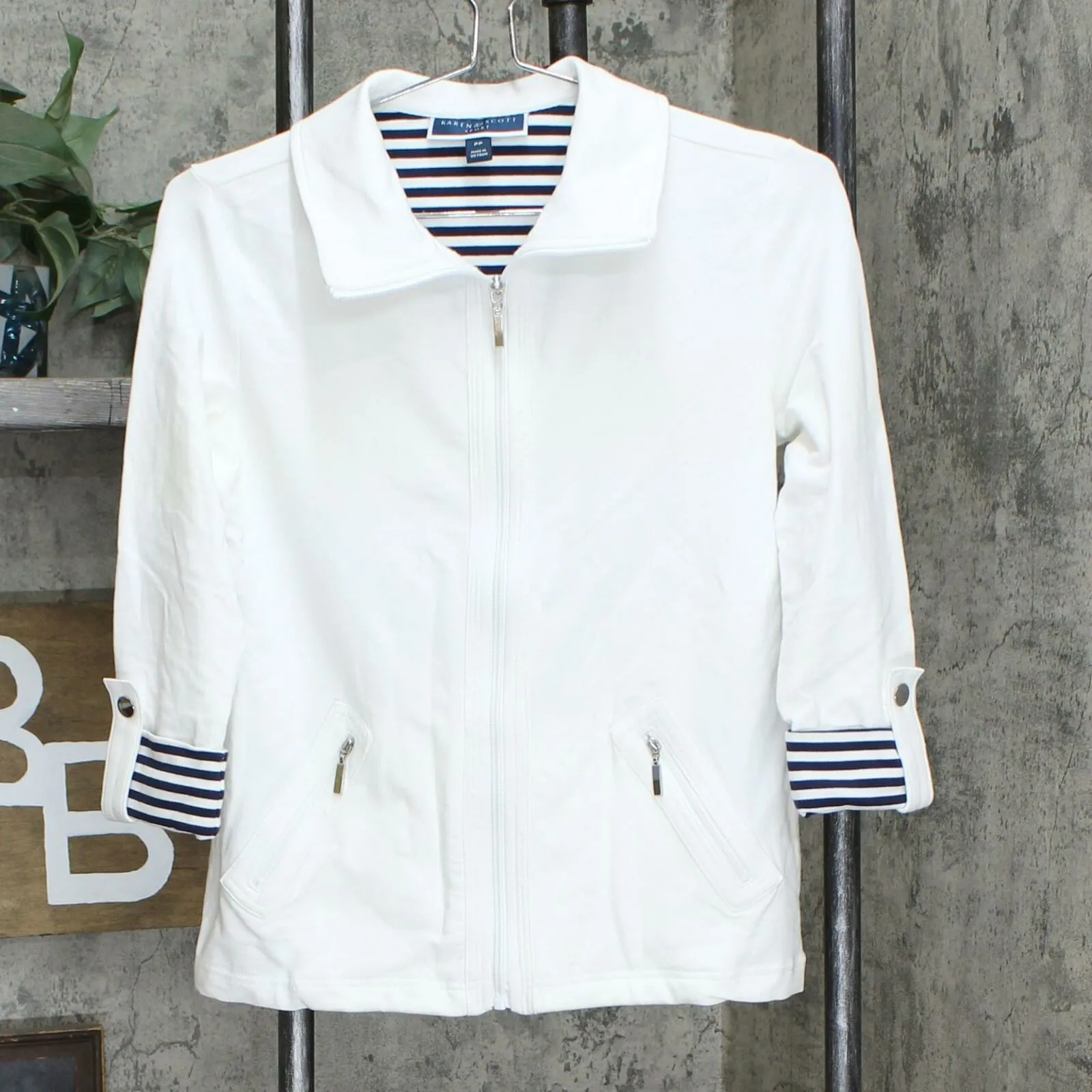 Charter Club Petite Wing Collar Striped Roll Cuff Knit Jacket