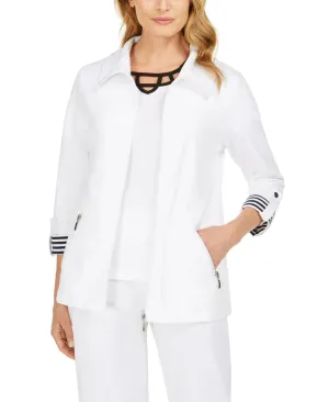 Charter Club Petite Wing Collar Striped Roll Cuff Knit Jacket
