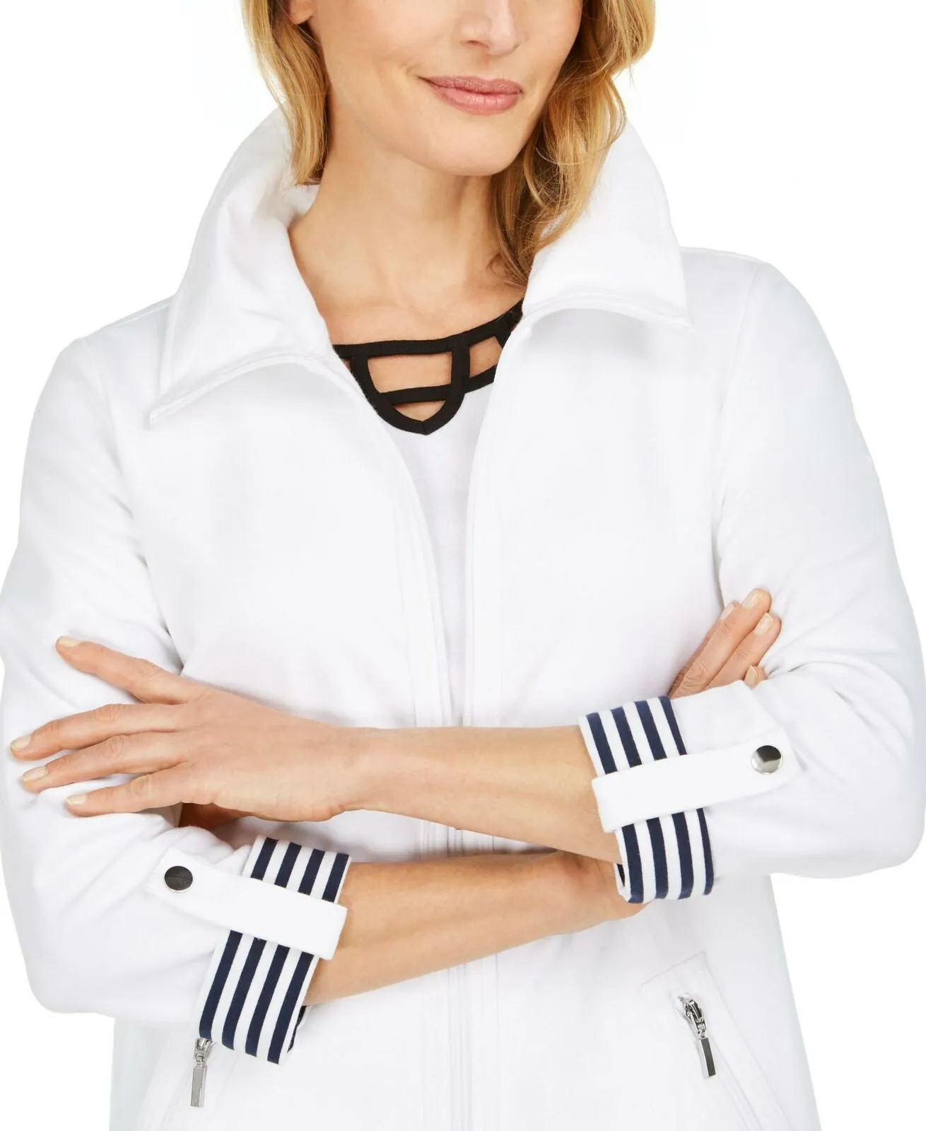 Charter Club Petite Wing Collar Striped Roll Cuff Knit Jacket