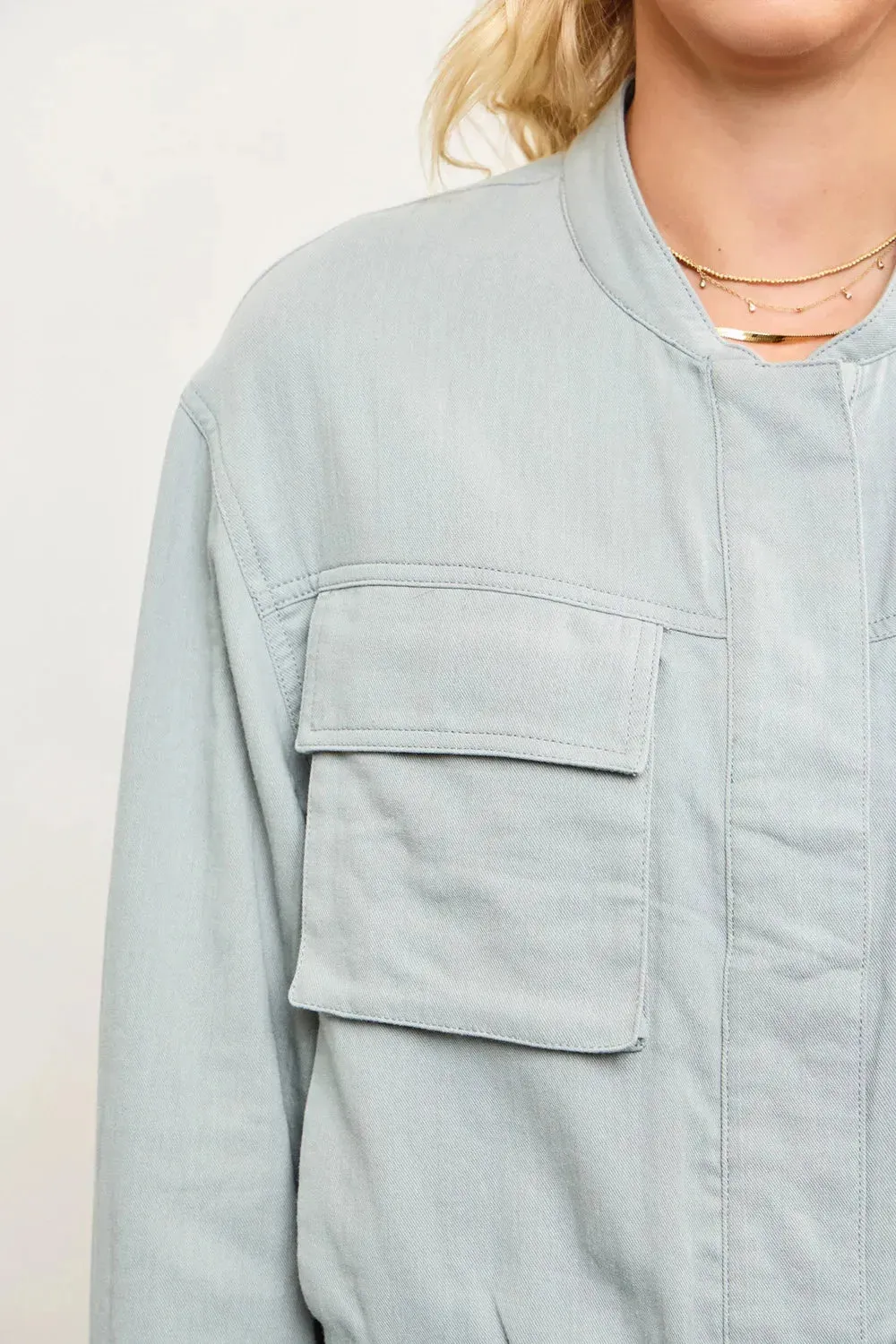 Chic Lightweight Soft Utility Pocket Elastic Hem Bomber Jacket