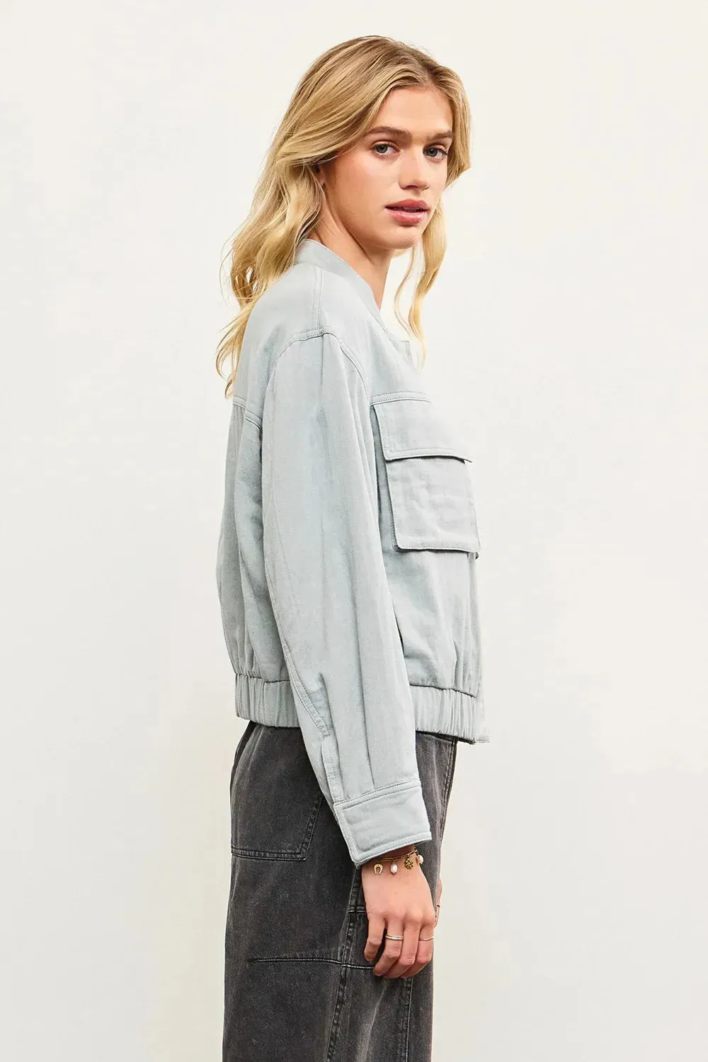 Chic Lightweight Soft Utility Pocket Elastic Hem Bomber Jacket