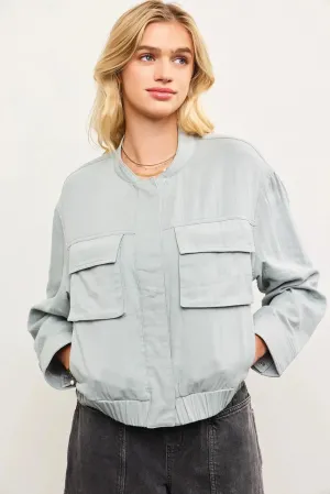 Chic Lightweight Soft Utility Pocket Elastic Hem Bomber Jacket