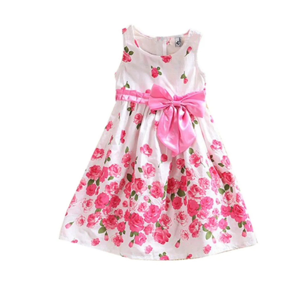 Children One Piece Dress Sleeveless Dresses Princess Floral Bowknot Party Dress Sundress 2-6 Y