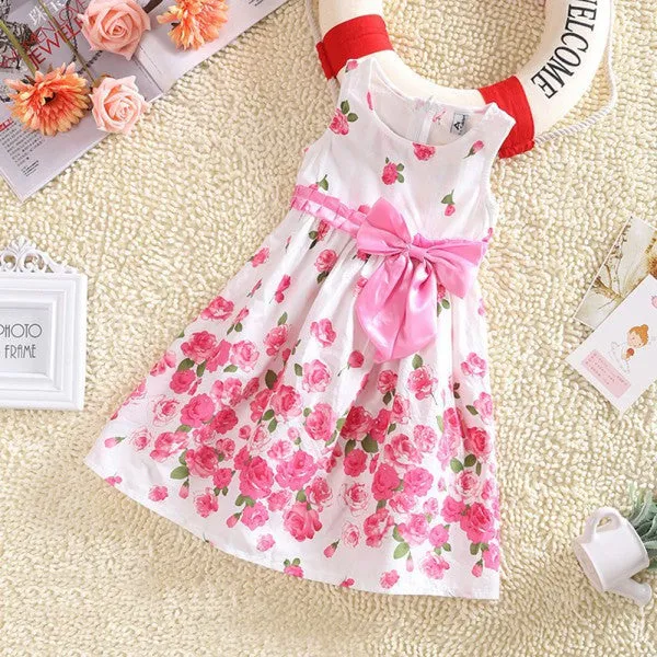 Children One Piece Dress Sleeveless Dresses Princess Floral Bowknot Party Dress Sundress 2-6 Y