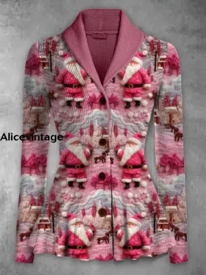 Christmas Santa Claus Print Vintage Elegant Lapel V-Neck Button Up Long Sleeve Top