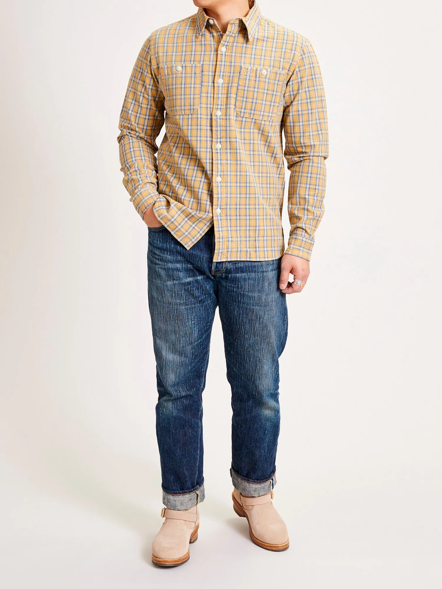 Cody Work Shirt in Tan/Indigo