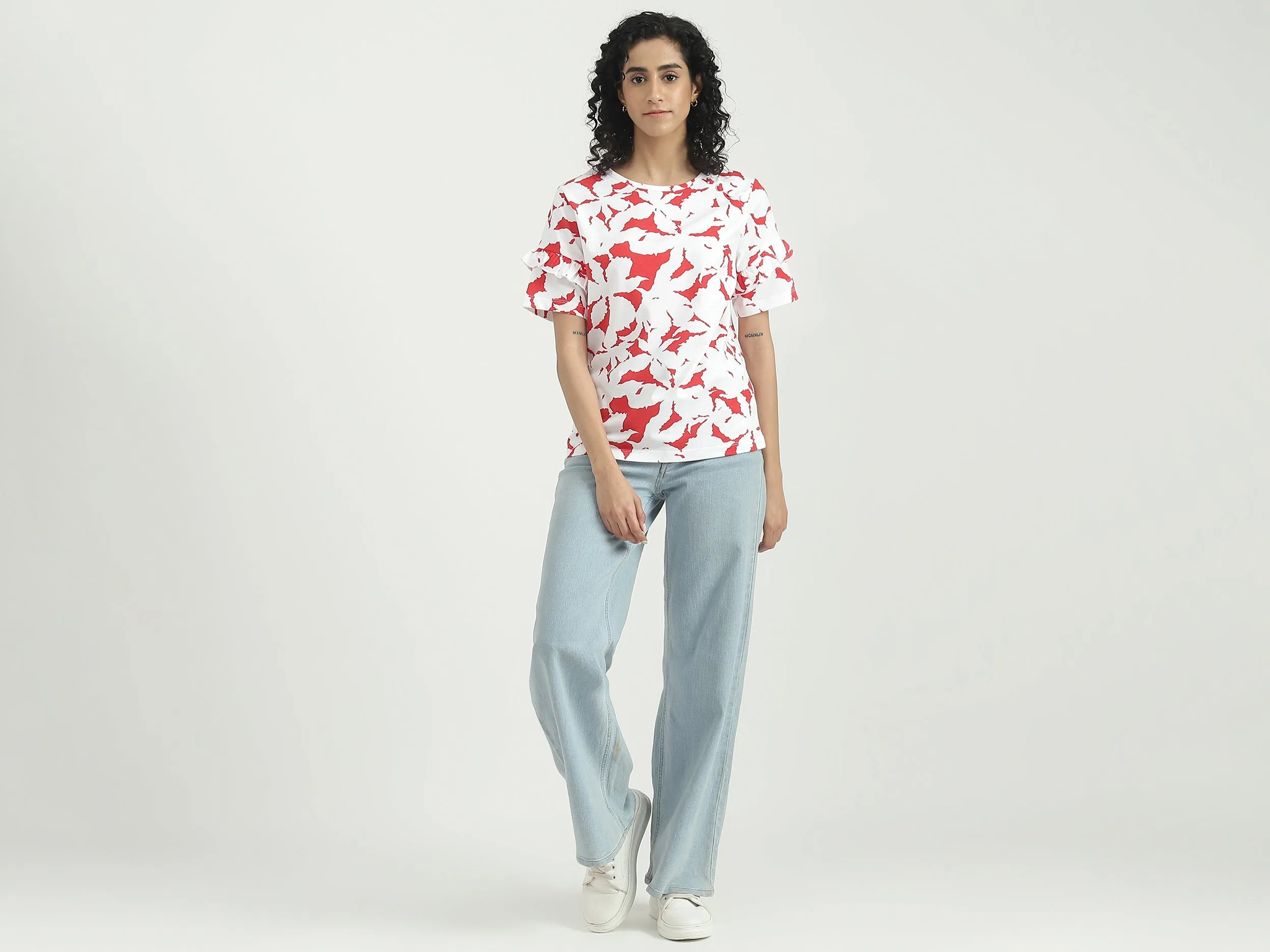 Cotton Camouflage Round Neck Women Tops