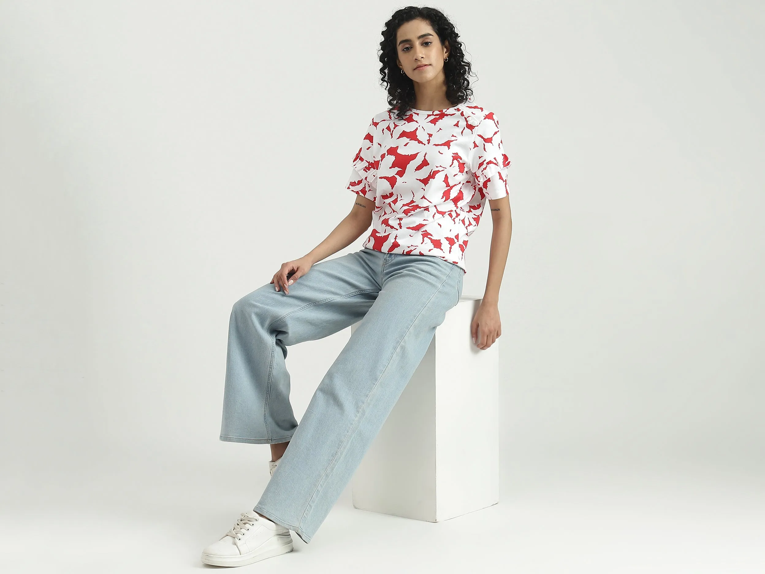 Cotton Camouflage Round Neck Women Tops
