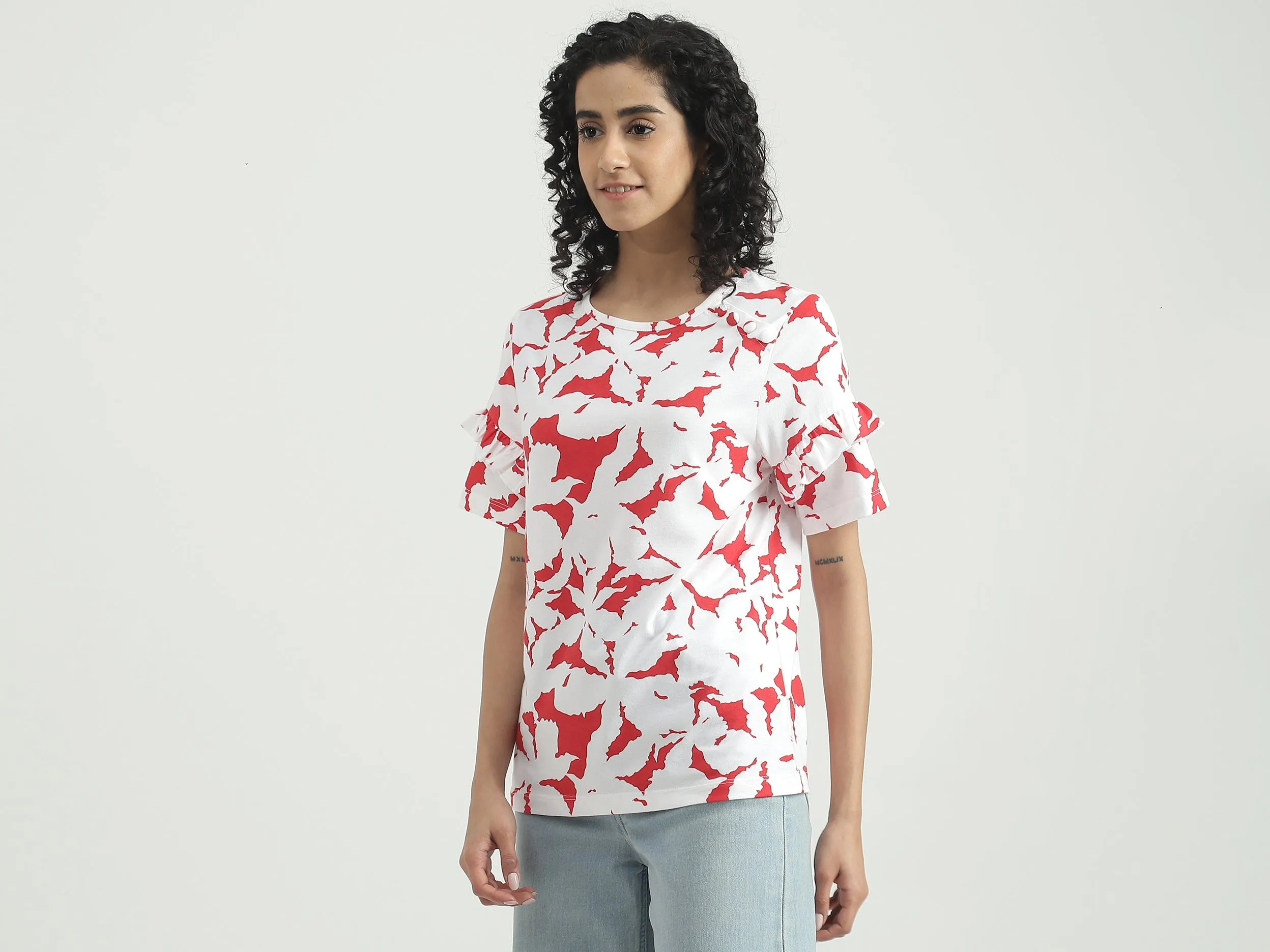 Cotton Camouflage Round Neck Women Tops
