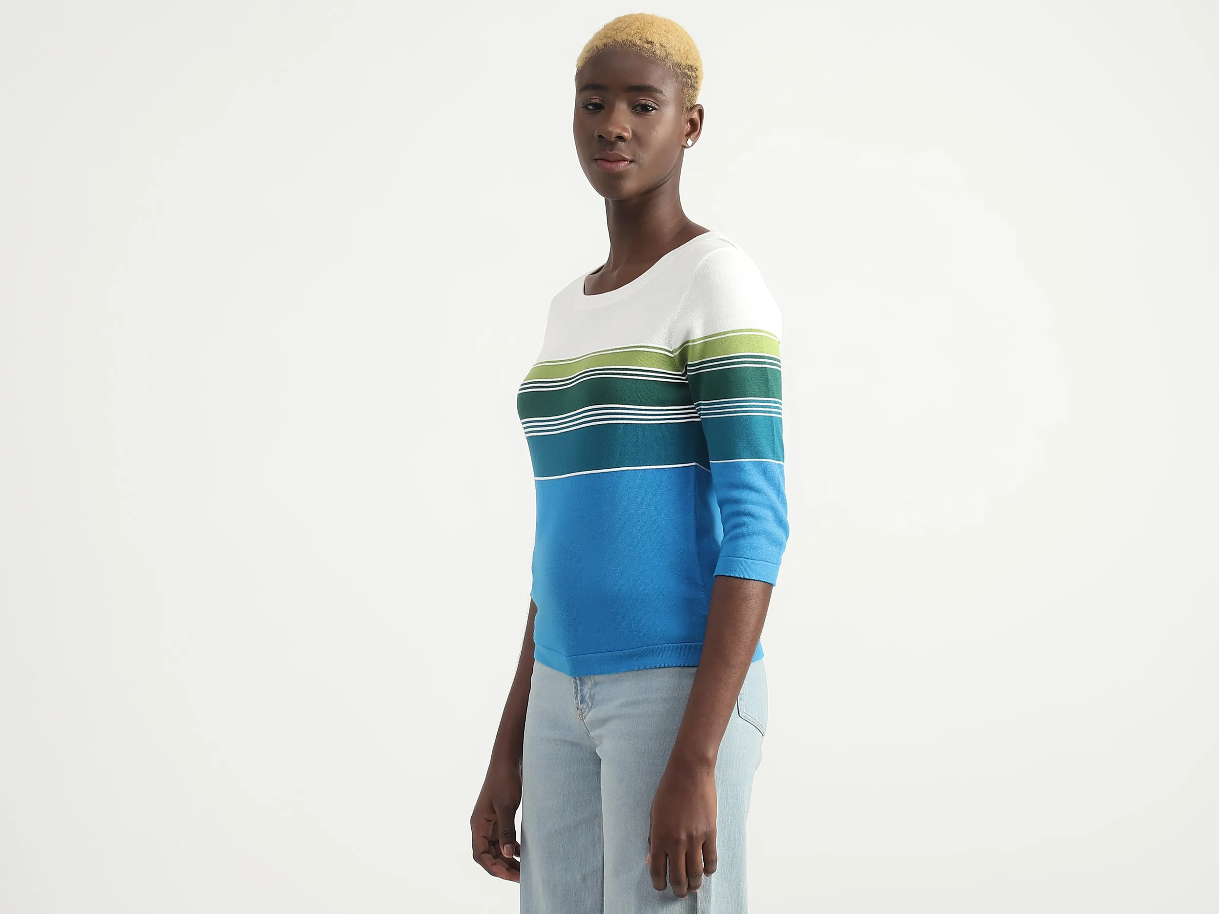 Cotton Striped Round Neck Women Tops