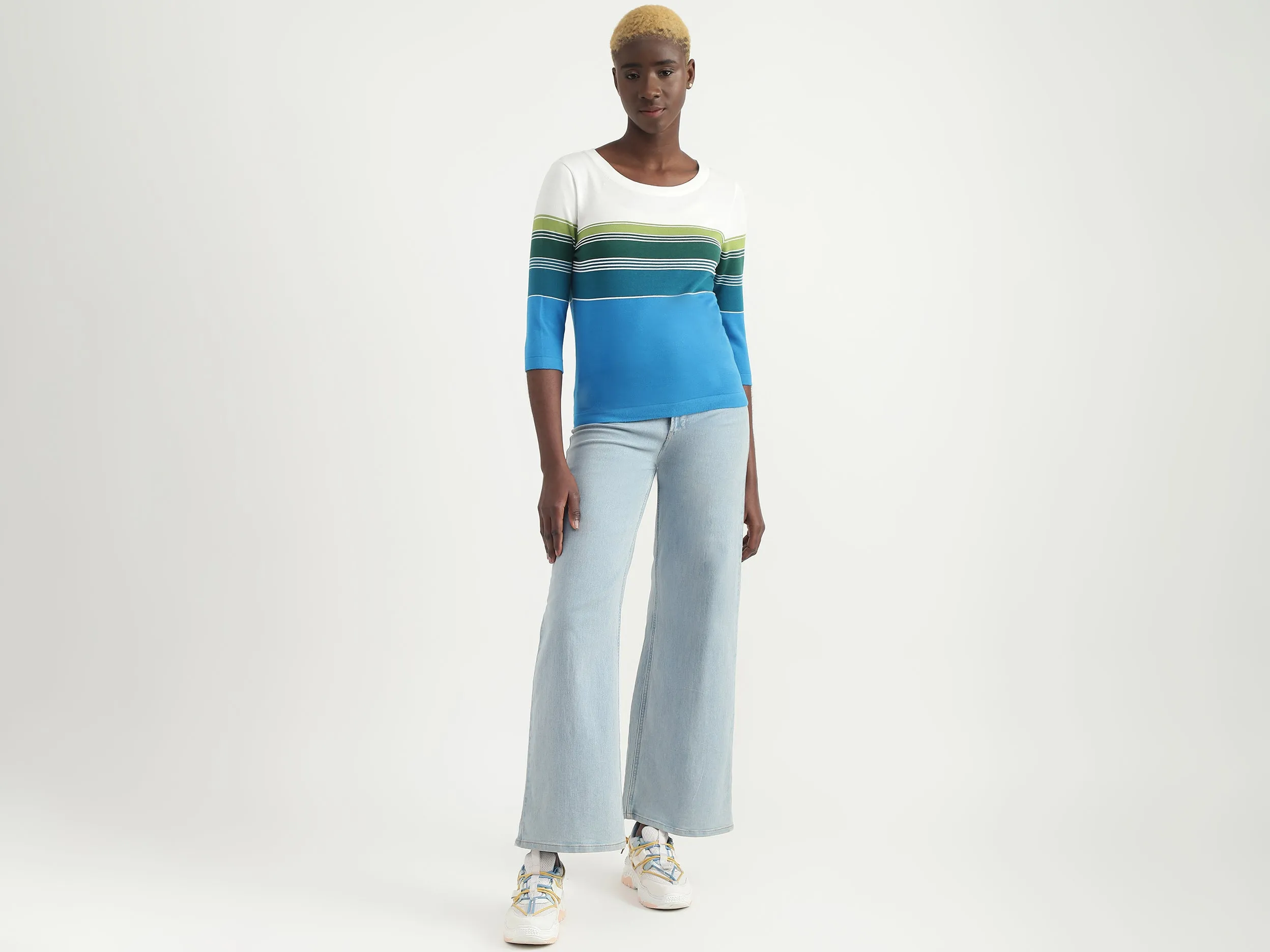Cotton Striped Round Neck Women Tops