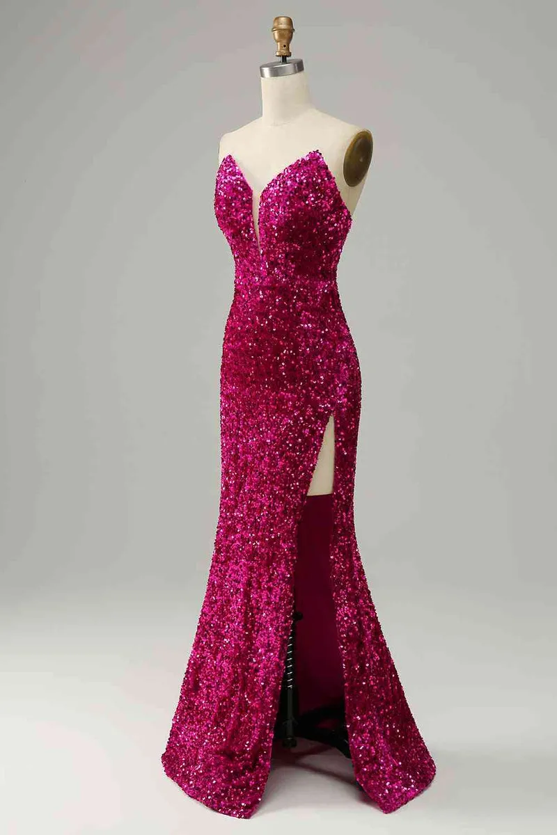 Custom Made Fuchsia Sequins Magenta Prom Dresses 2024 Strapless with Slit