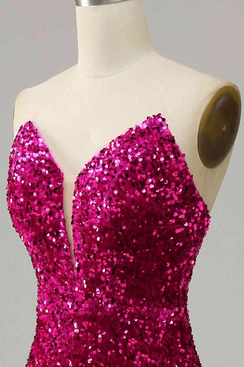Custom Made Fuchsia Sequins Magenta Prom Dresses 2024 Strapless with Slit