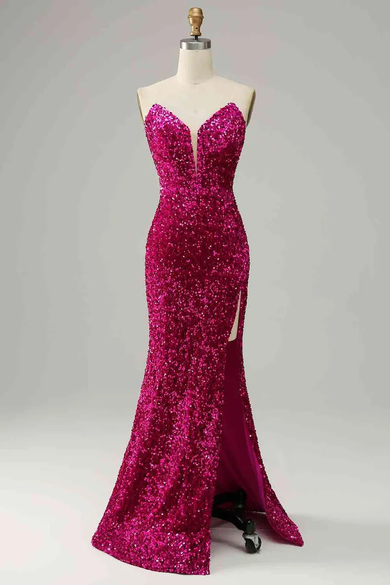 Custom Made Fuchsia Sequins Magenta Prom Dresses 2024 Strapless with Slit