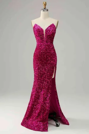Custom Made Fuchsia Sequins Magenta Prom Dresses 2024 Strapless with Slit