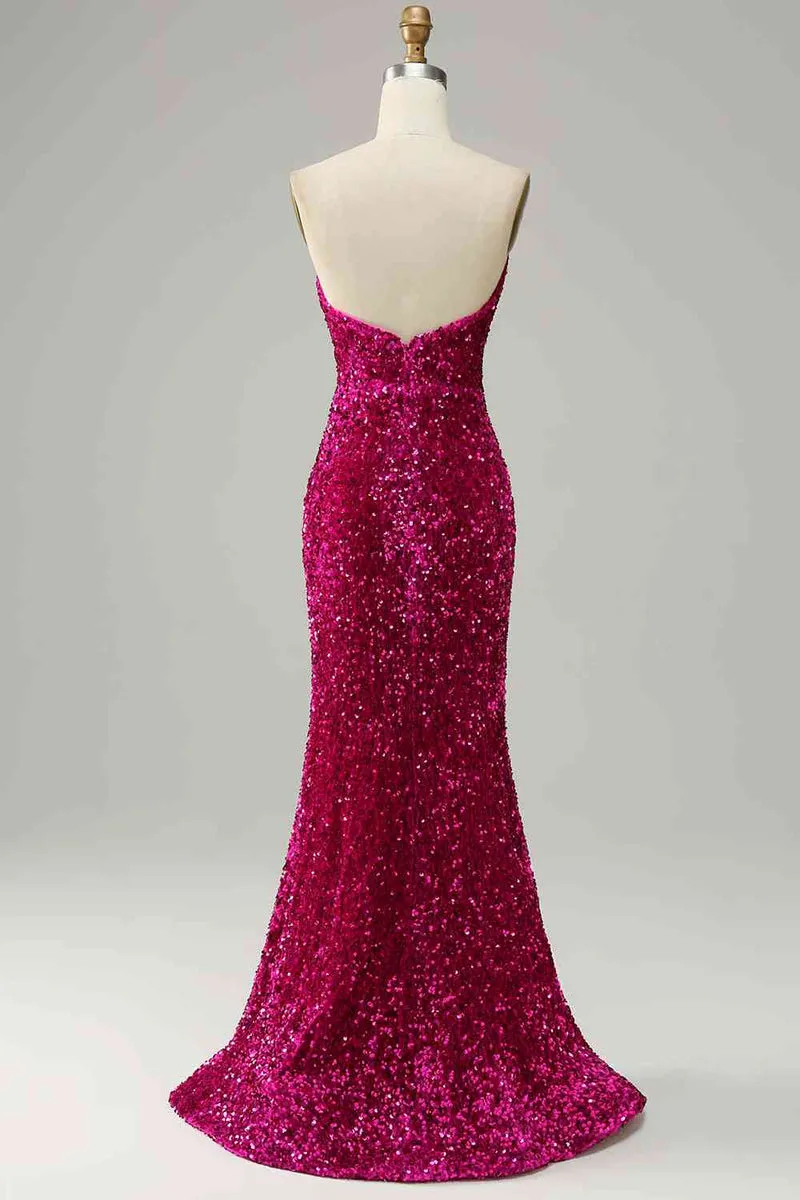 Custom Made Fuchsia Sequins Magenta Prom Dresses 2024 Strapless with Slit