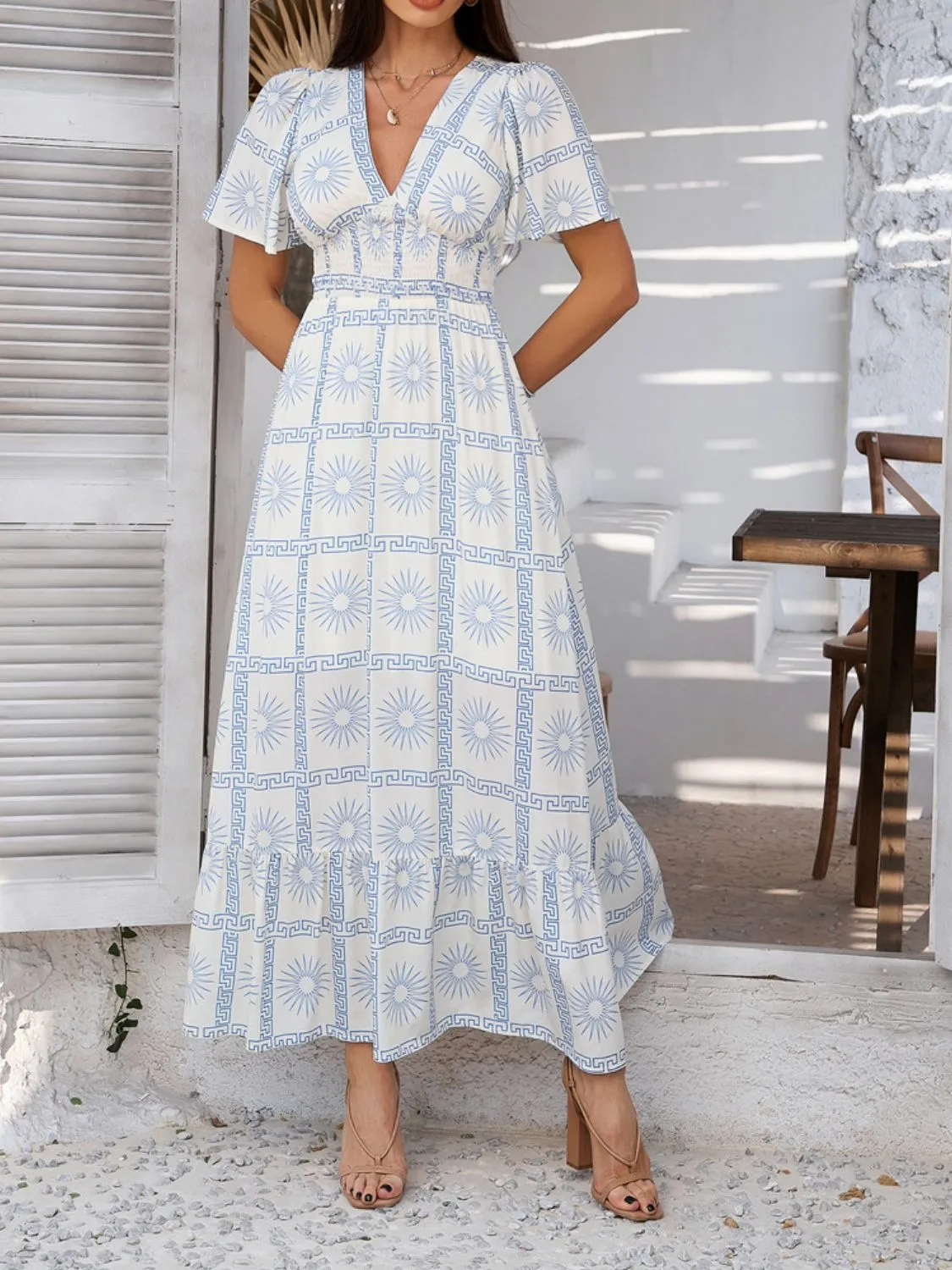 Devine Smocked Printed V-Neck Short Sleeve Maxi Dress