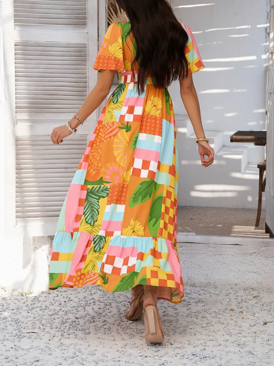 Devine Smocked Printed V-Neck Short Sleeve Maxi Dress