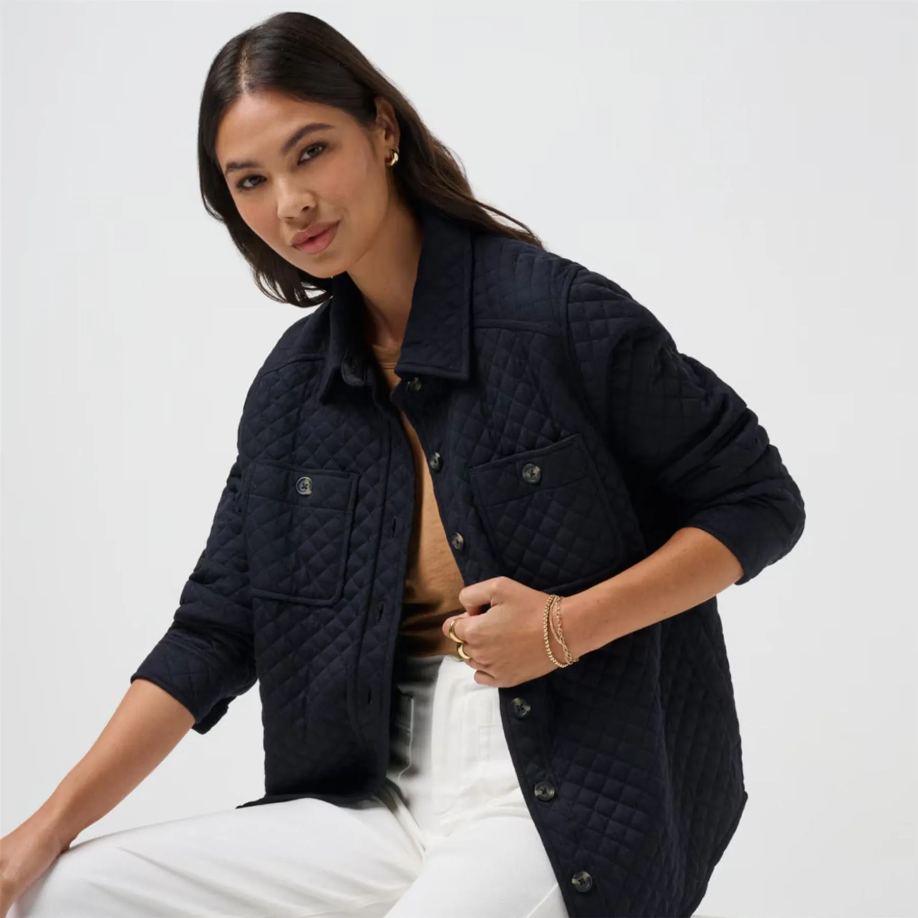 Diamond Quilted Shacket Black