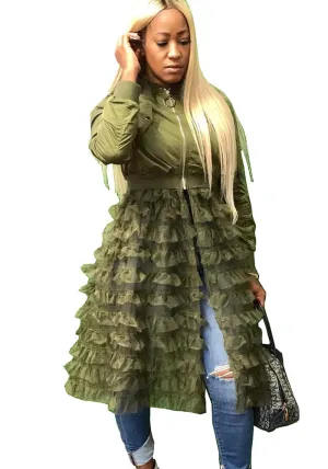 Elegant Mesh Lace Patchwork Zipper Jacket with Flared Ruffle Details